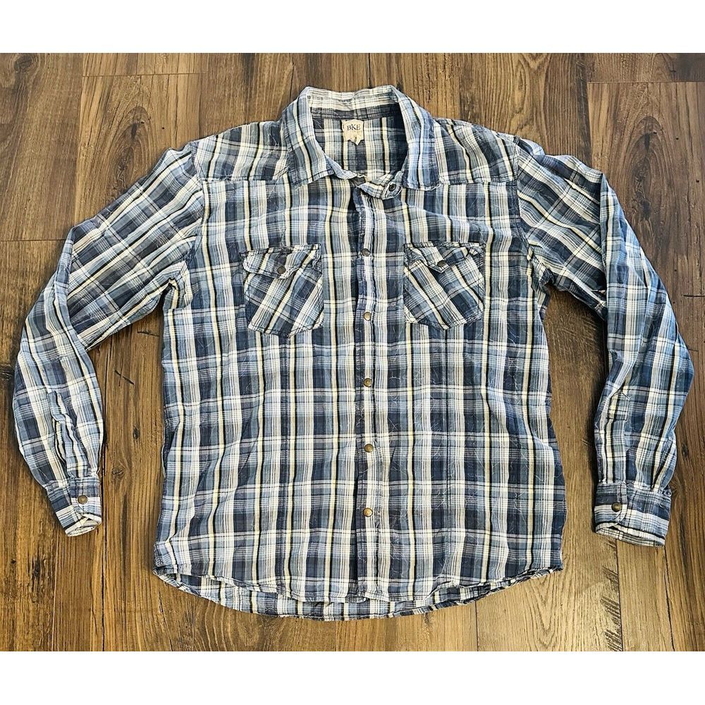 BKE Men's XL Contour Fit Blue Striped Plaid Pearl Snap Button Down Shirt, Buckle
